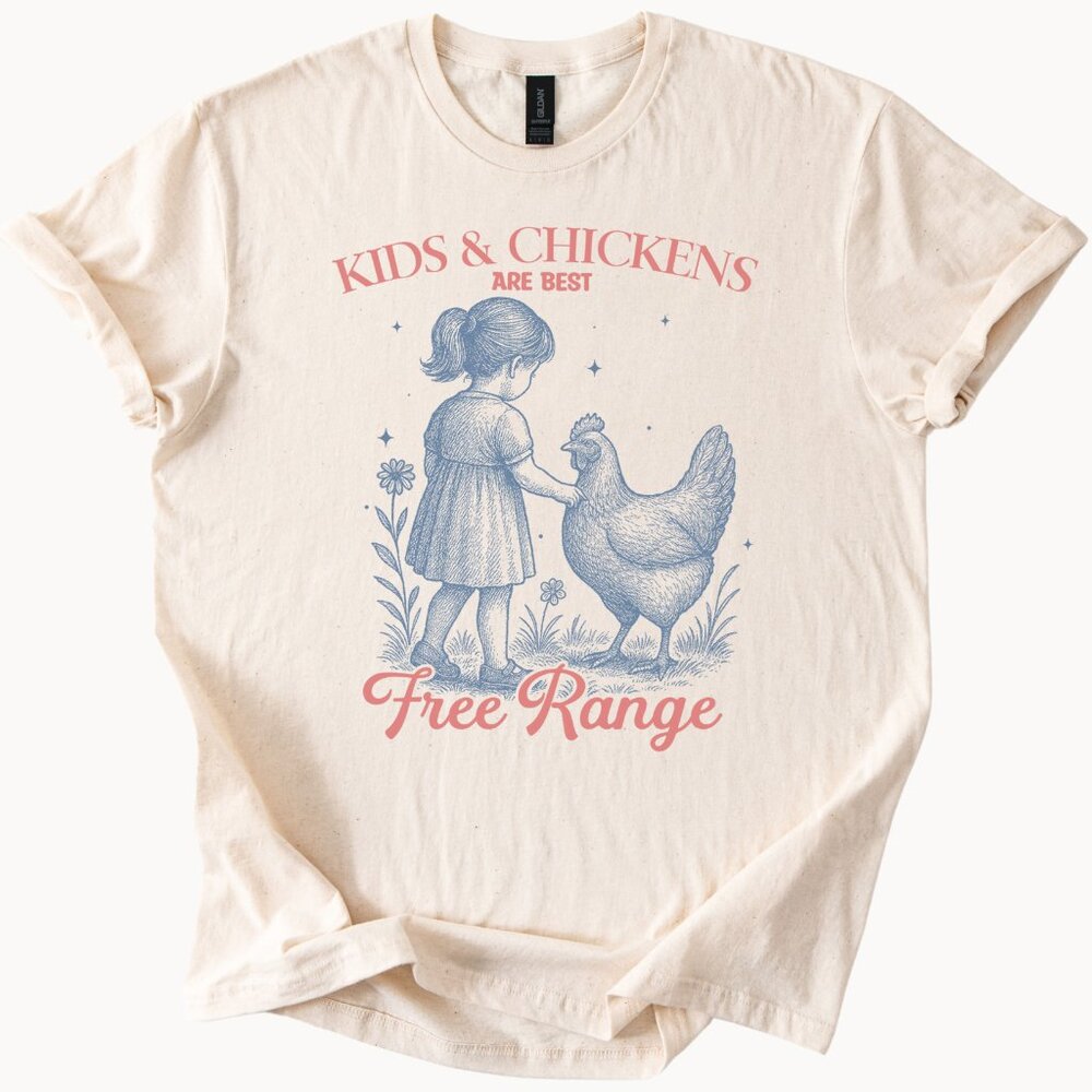 Kids and Chickens Free Range Graphic Tee Cute Farm Animal Shirt Gift